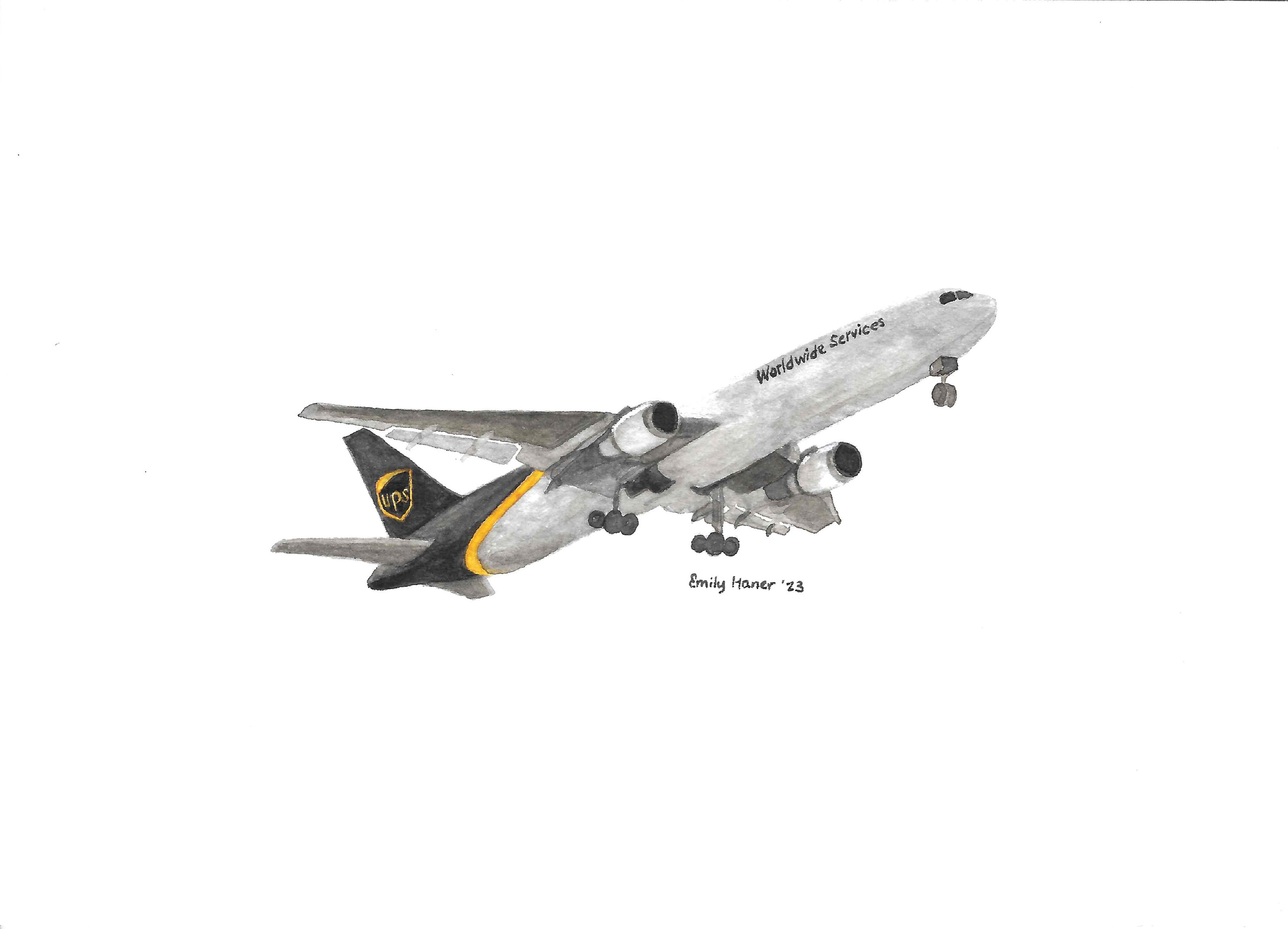 Watercolor of a UPS cargo airplane in flight