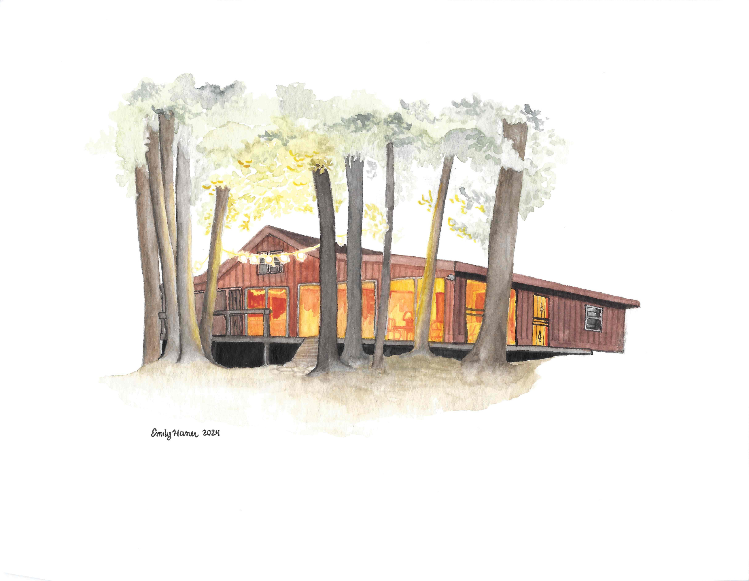 Watercolor painting of a red woodland cabin