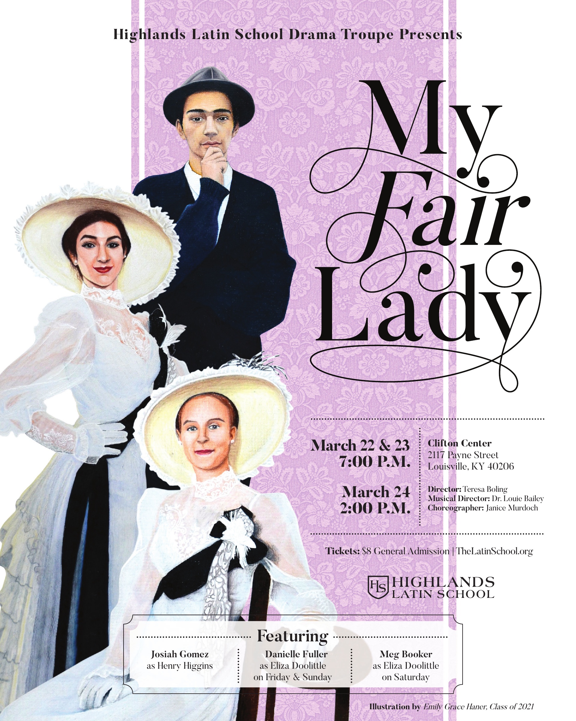 My Fair Lady poster for Highlands Latin School, featuring illustrated characters against a lavender background