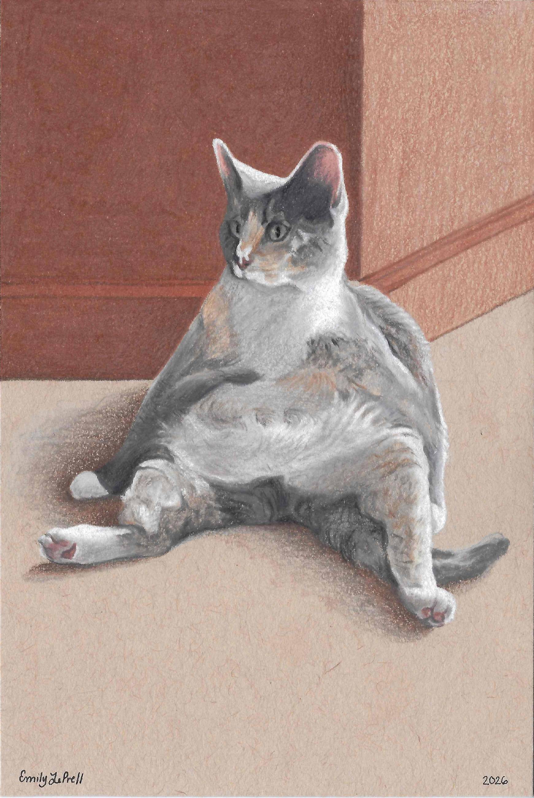 Colored-pencil portrait of a seated gray cat in a warm interior